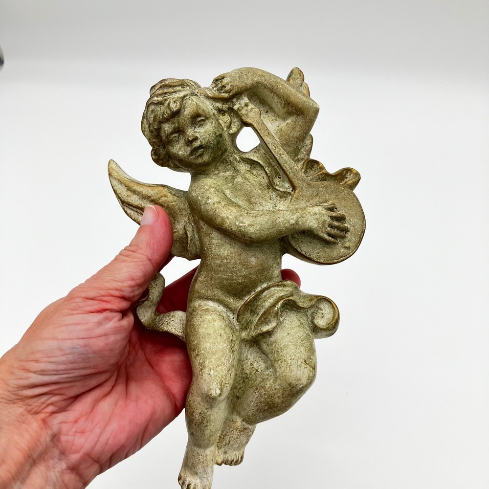 Vintage Cherub Angel Wall Plaque 8" Gold Gilded Resin Musical Lute Decor
